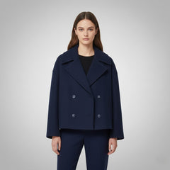 Johanna | Damen Eleganter Knöpfen Kurzer Mantel in Blau