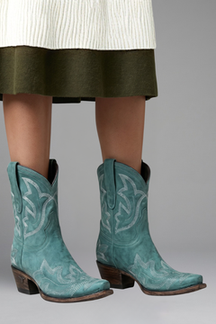 Eva | Damen Bestickte Blockabsatz Western-Stiefel in Türkis