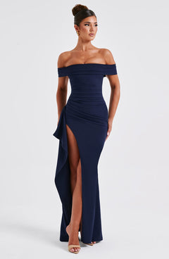 Alice | Langes Kleid mit Schlitz Schultern Frei in Marineblau