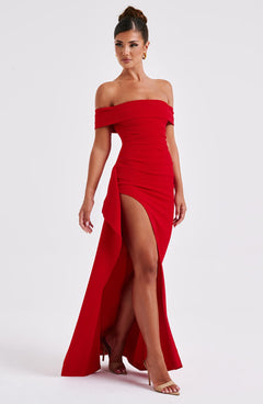 Alice | Langes Kleid mit Schlitz Schultern Frei in Rot