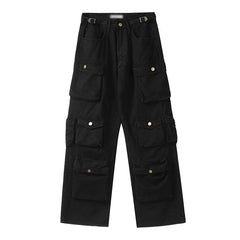 Men's Vintage Washed Loose Straight Multi-Pocket Cargo Pants in Black