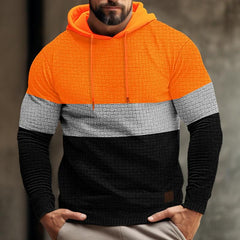 Men's Color Block Waffle Long Sleeve Hooded Sweatshirt in Orange