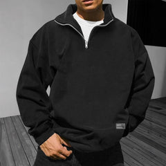 Men's Loose Fleece Stand Collar Solid Color Sweatshirt in Black
