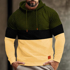 Men's Color Block Waffle Long Sleeve Hooded Sweatshirt in Army Green