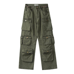 Men's Vintage Washed Loose Straight Multi-Pocket Cargo Pants in Army Green