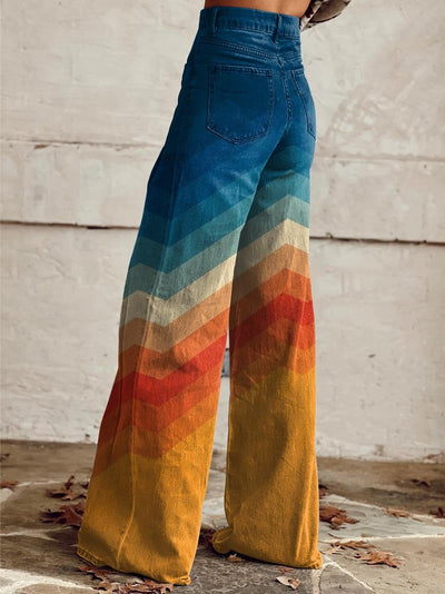 Damen Alle Jahreszeiten Hochtaillierte Denim-Hose mit Mehrfarbigen Streifen