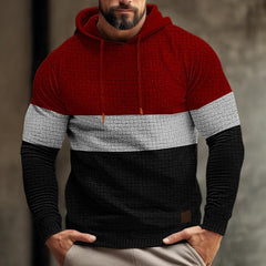 Men's Color Block Waffle Long Sleeve Hooded Sweatshirt in Red