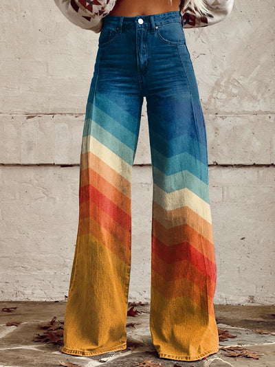Damen Alle Jahreszeiten Hochtaillierte Denim-Hose mit Mehrfarbigen Streifen