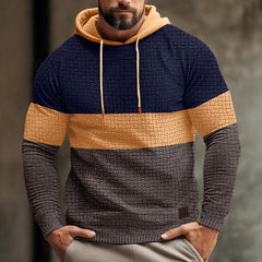 Men's Color Block Waffle Long Sleeve Hooded Sweatshirt in Navy