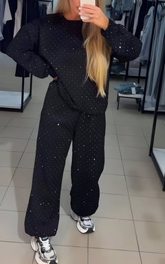 Simara – Zweiteiliges Glitzerndes Trainingsanzug Set in Schwarz