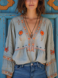 Kerstin | Damen Lässige Boho V-Ausschnitt Bluse in Grau