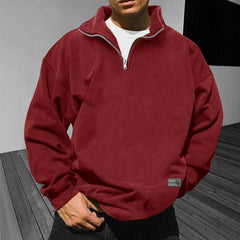 Men's Loose Fleece Stand Collar Solid Color Sweatshirt in Red