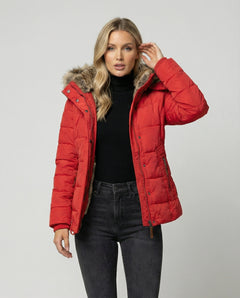 Julia | Damen Winter Gesteppte Kunstfelljacke in Rot
