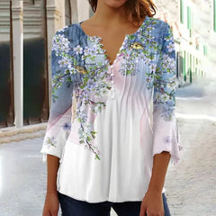 Karoline | Blumige Bluse mit V-Ausschnitt in Weiß-rosa