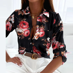 Kathrin | Langarmbluse mit Kragen in Schwarze Rosa Blumen