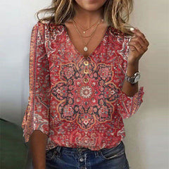 Ida | Damen Bedruckte Boho Bluse in Rot