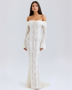 Lea | Damen Figurbetontes Off-Shoulder Maxi Hochzeitsgast Kleid in Weiß
