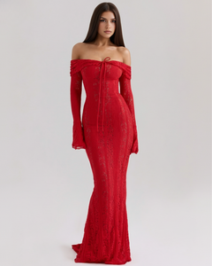 Lea | Damen Figurbetontes Off-Shoulder Maxi Hochzeitsgast Kleid in Rot
