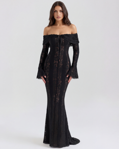 Lea | Damen Figurbetontes Off-Shoulder Maxi Hochzeitsgast Kleid in Schwarz