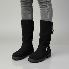 Lea | Damen Robuste Wadenlange Schnallen Stiefel in Schwarz