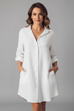 Leandra | Damen Hemdblusenkleid mit Langarm in Weiß