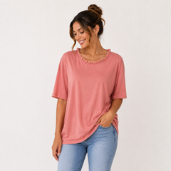 Lena | Damen Lockere Leichte Kurzarm Bluse in Dunkelrosa