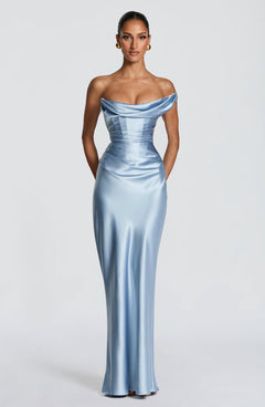 Leni | Damen Figurbetontes One-Shoulder Satin Abendkleid in Blau