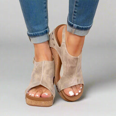 Offene Zehen Leder-Keilsandalen für Damen in Khaki