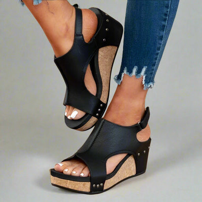 Offene Zehen Leder-Keilsandalen für Damen