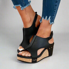 Offene Zehen Leder-Keilsandalen für Damen in Schwarz