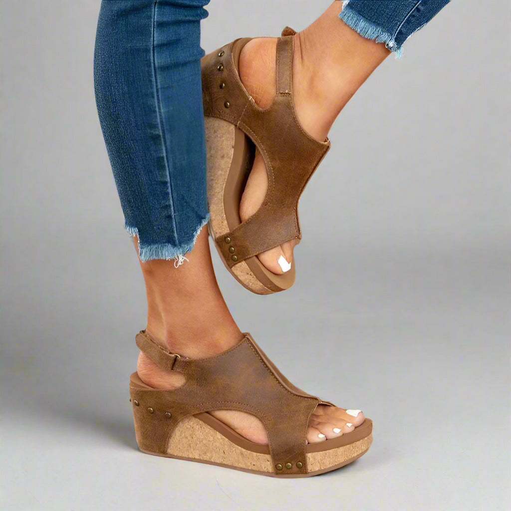 Offene Zehen Leder-Keilsandalen für Damen