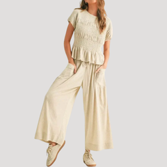 Lillian | Damen Kurzarm Zweiteiler Set Weite Hose in Aprikose