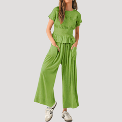 Lillian | Damen Kurzarm Zweiteiler Set Weite Hose in Grün