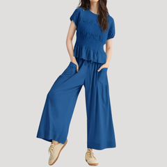 Lillian | Damen Kurzarm Zweiteiler Set Weite Hose in Blau