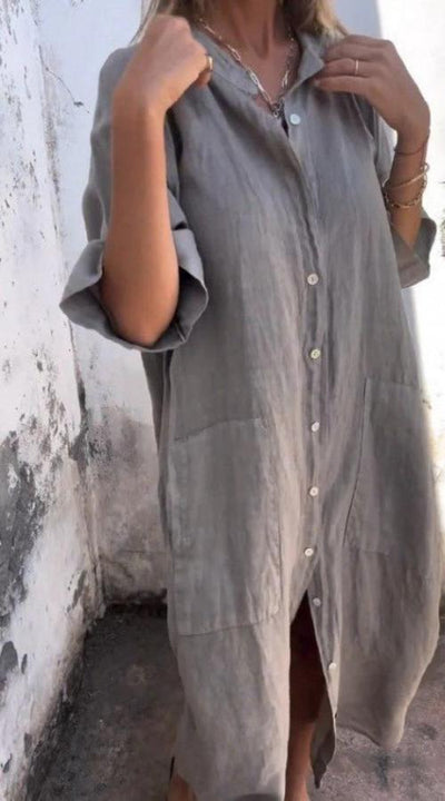 Halblanges Leinen-Sommerkleid mit Knöpfen für Damen