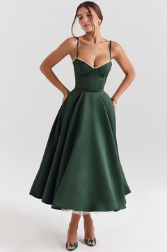 Luce - Satin-Tüll-Midikleid in DUNKELGRÜN