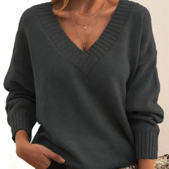 Sabine | Damen Kaschmir V-Ausschnitt Pullover in Dunkelgrau