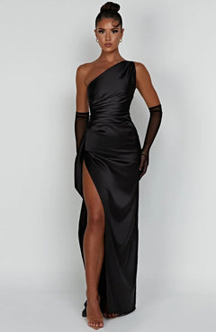 Lysandra | Damen One-Shoulder Abendkleid mit Schlitz in Schwarz