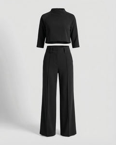 Maiken | Damen Zweiteiler Crop Top Weite Hose Set in Schwarz