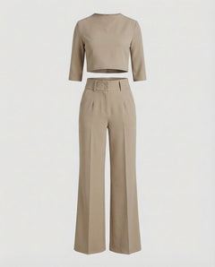 Maiken | Damen Zweiteiler Crop Top Weite Hose Set in Khaki
