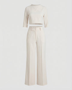 Maiken | Damen Zweiteiler Crop Top Weite Hose Set in Weiß