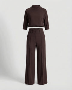 Maiken | Damen Zweiteiler Crop Top Weite Hose Set in Braun