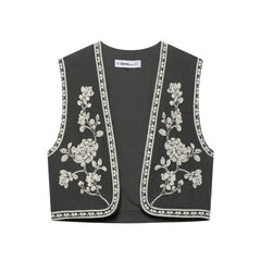 Retro Cropped Cardigan Weste mit Kontraststickerei in Grau