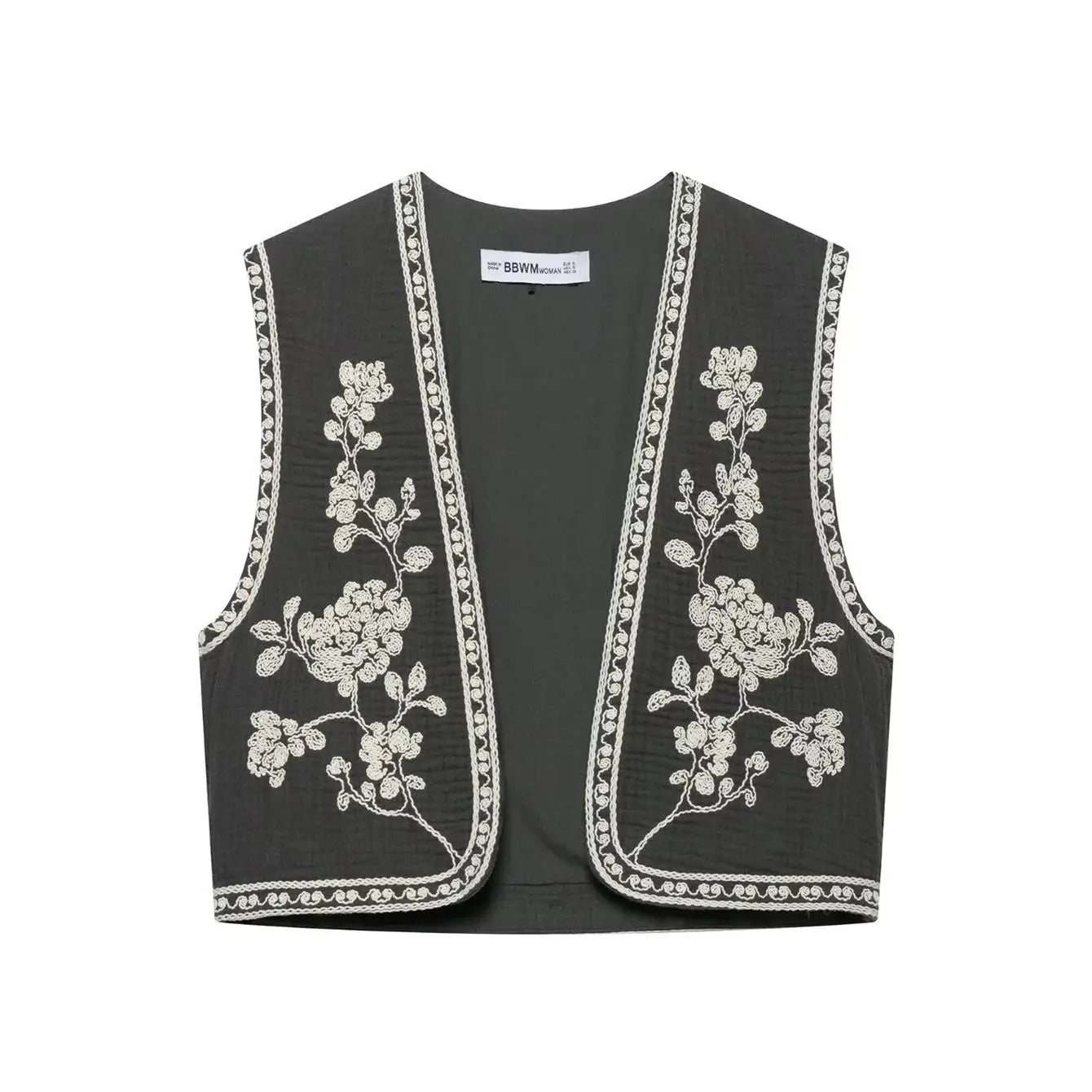 Retro Cropped Cardigan Weste mit Kontraststickerei