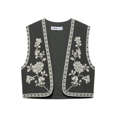 Retro Cropped Cardigan Weste mit Kontraststickerei