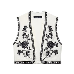 Retro Cropped Cardigan Weste mit Kontraststickerei in Weiß