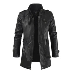 Paulin® | Elegante lange Motorradlederjacke in Schwarz