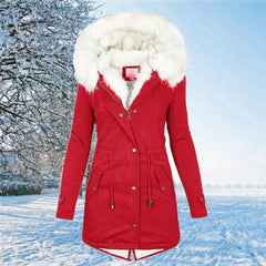 Toya - Der neue Parka Jacke mit Kapuze und Fellfutter in Übergröße in Rot