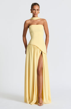 Sonja - Damen Abendkleid trägerlos mit asymmetrischer Taille in Gelb