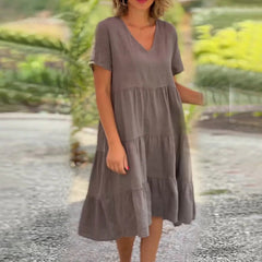 Leinen V-Ausschnitt Midikleid für Damen in Braun